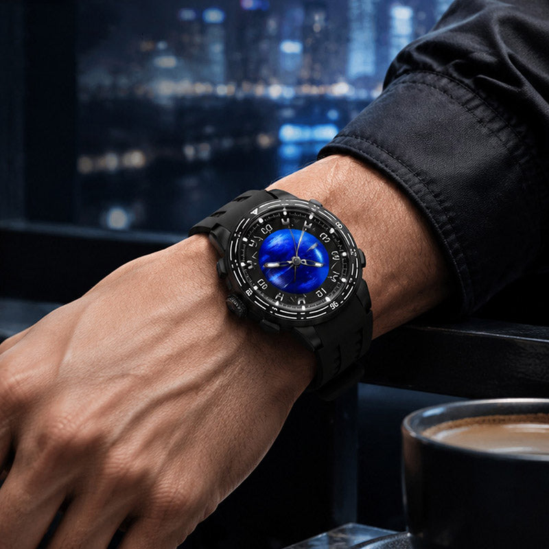PINDU P6676 Planet Series worn on a man's wrist at a night window with blurred city lights and a coffee cup beside him