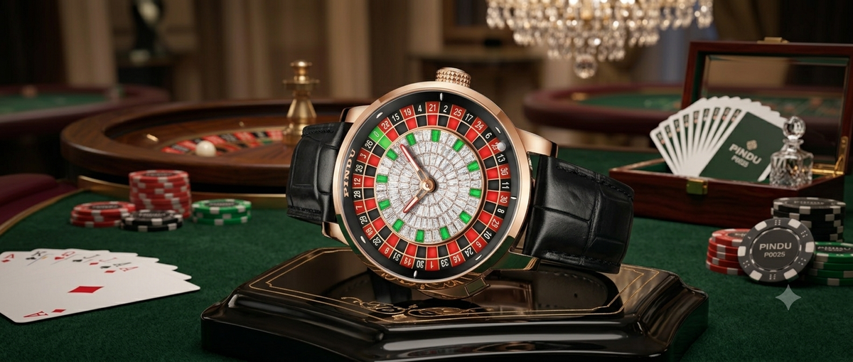 Pindu Roulette Watch with a luxury roulette dial displayed on a premium casino table with poker chips and playing cards