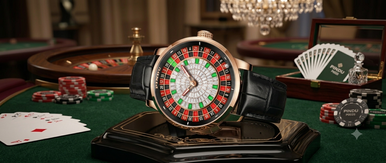Pindu Roulette Watch with a luxury roulette dial displayed on a premium casino table with poker chips and playing cards